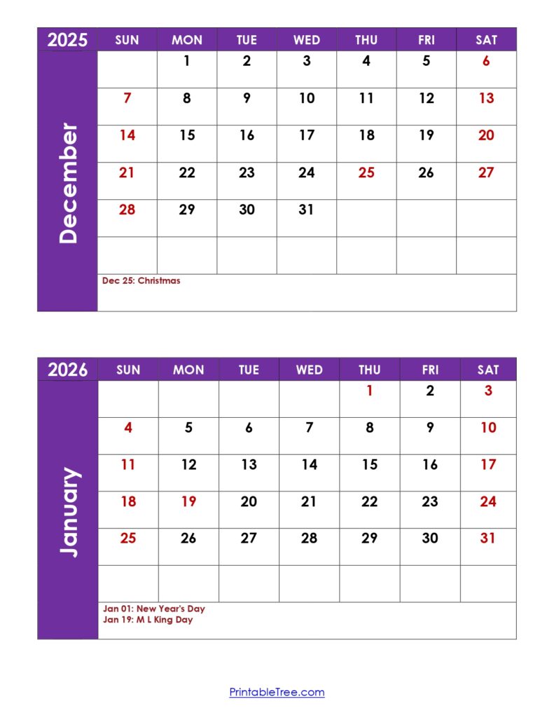 December and January 2026 Calendar with Holidays