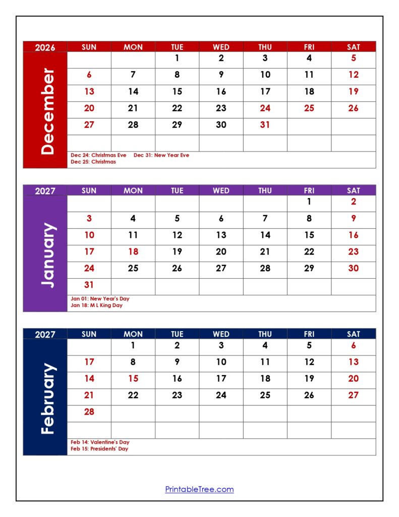 December to February 2027 Calendar with Holidays
