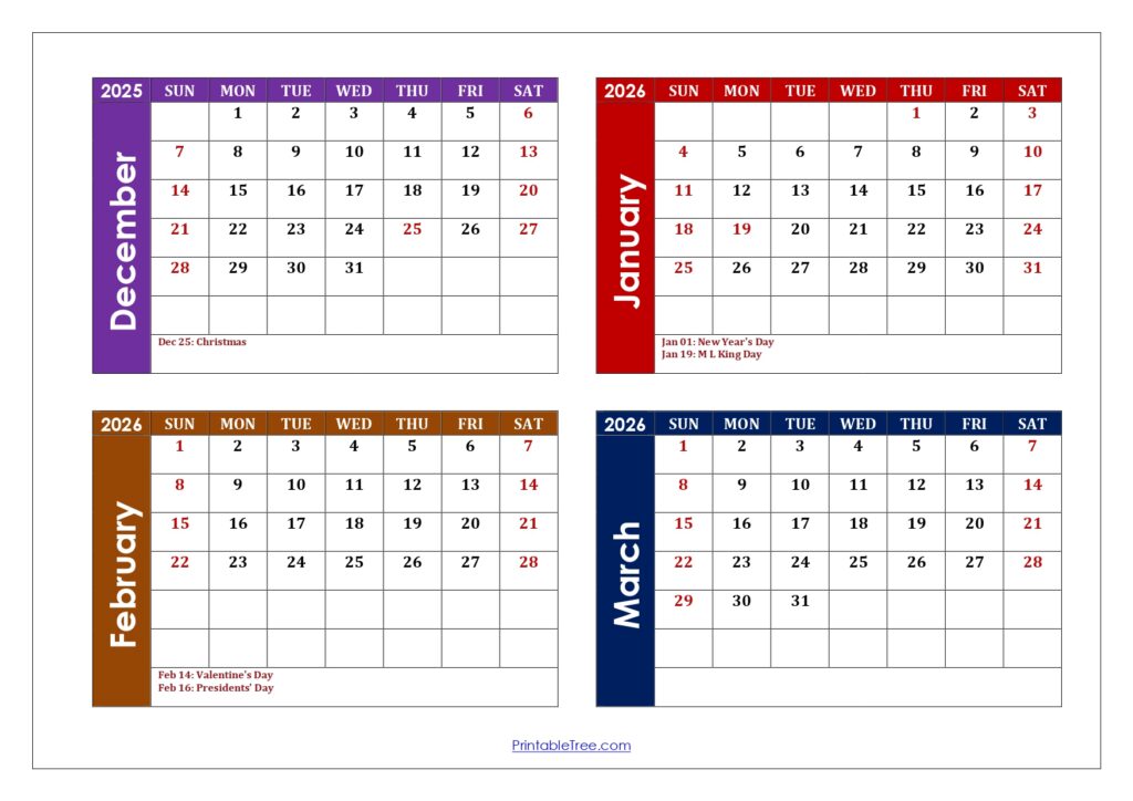 December to March 2026 Calendar with Holidays