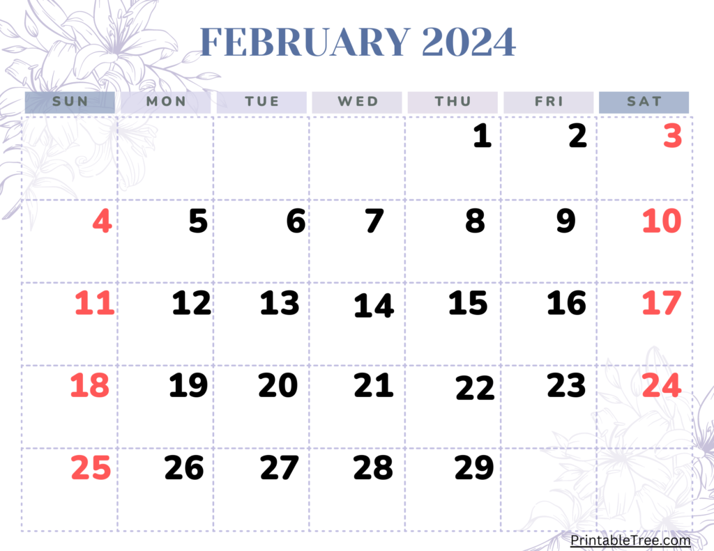 February 2024 Sunday Start Calendar Purple