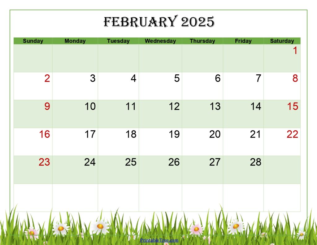 February 2025 Calendar Green Landscape