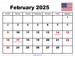 February 2025 Calendar Printable PDF Template with Holidays