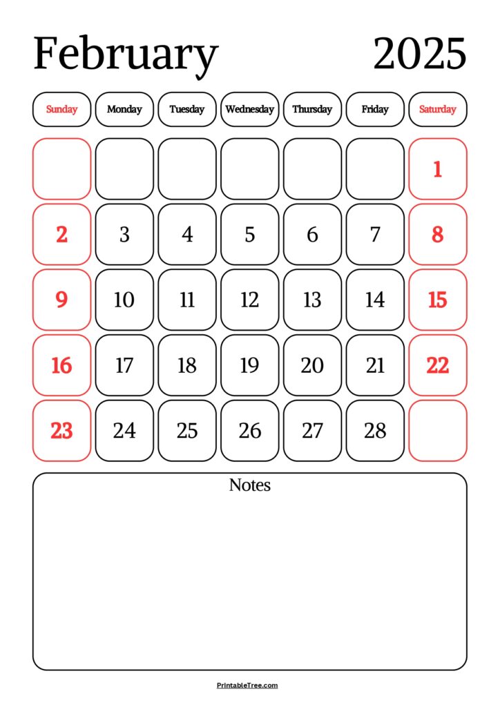 February 2025 Calendar with notes