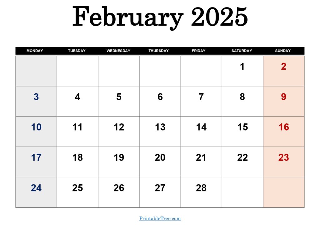 February 2025 Monday Start Calendar