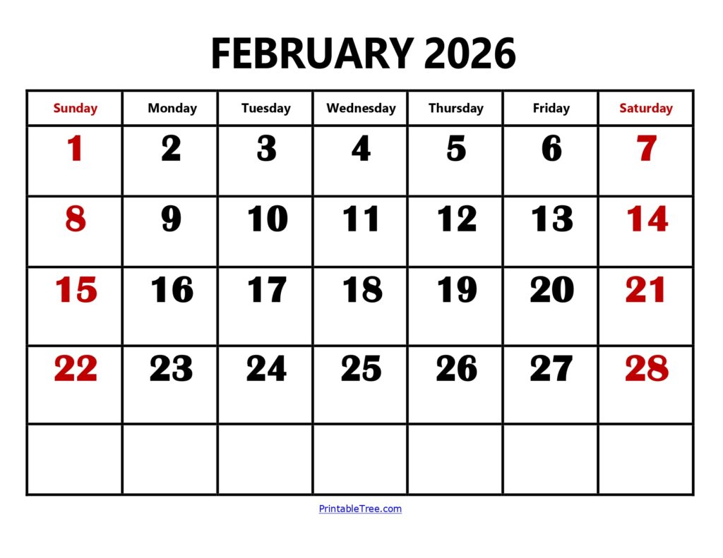 February 2026 Calendar Large Number