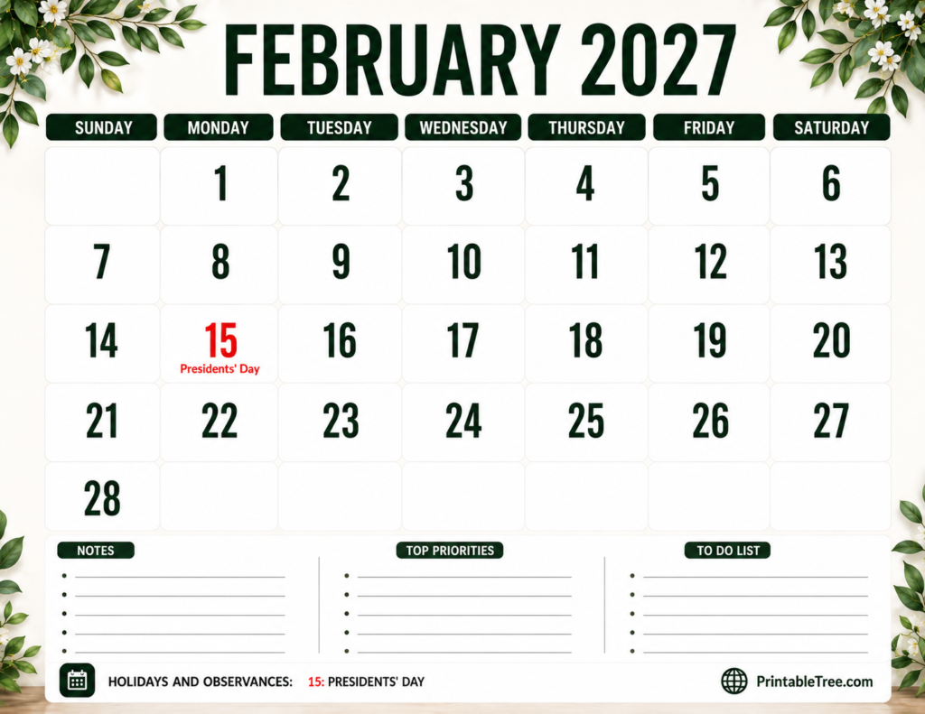 February 2027 Calendar Floral Style
