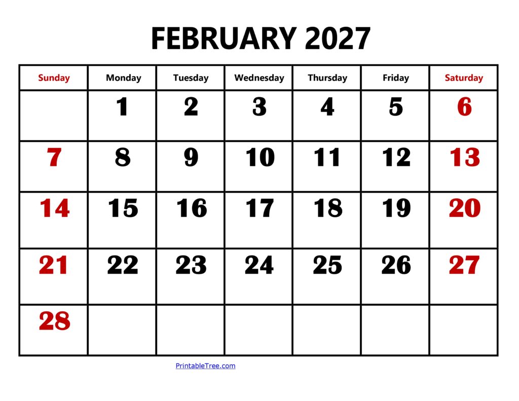February 2027 Calendar Large Number