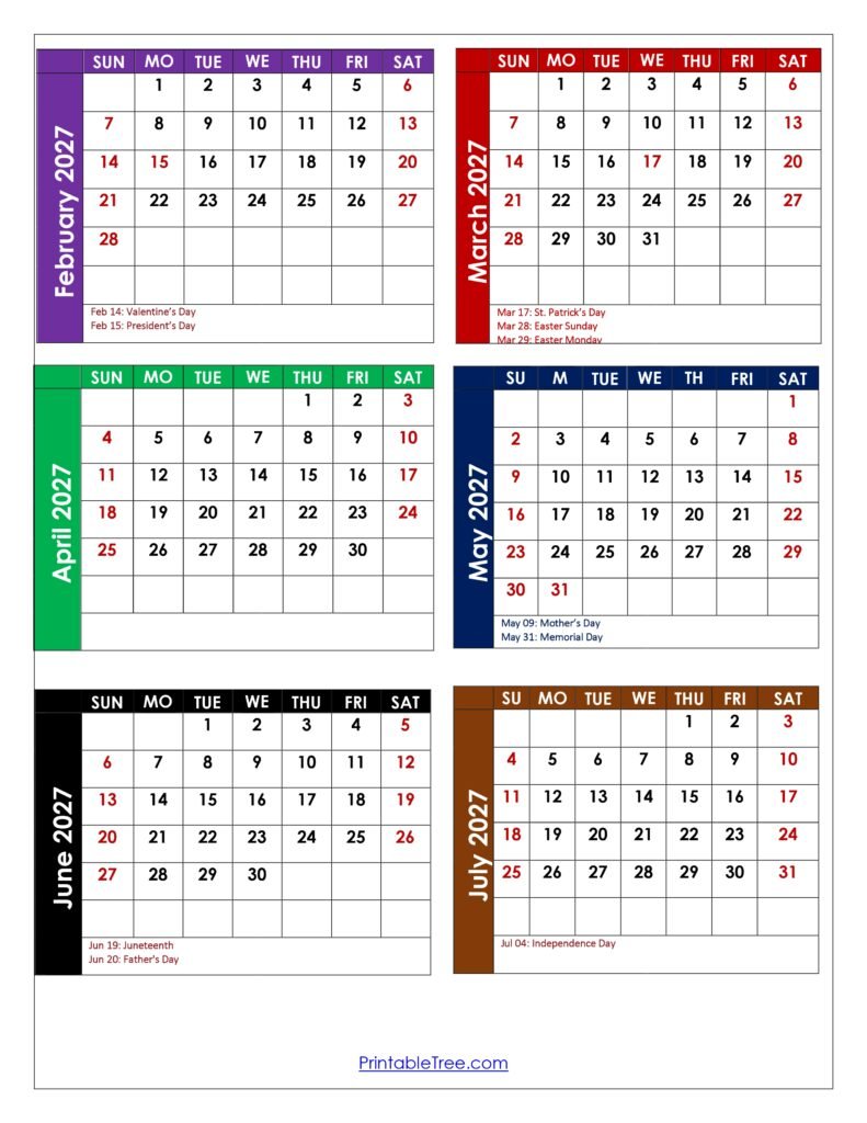 February 2027 to July 2027 Calendar with Holidays