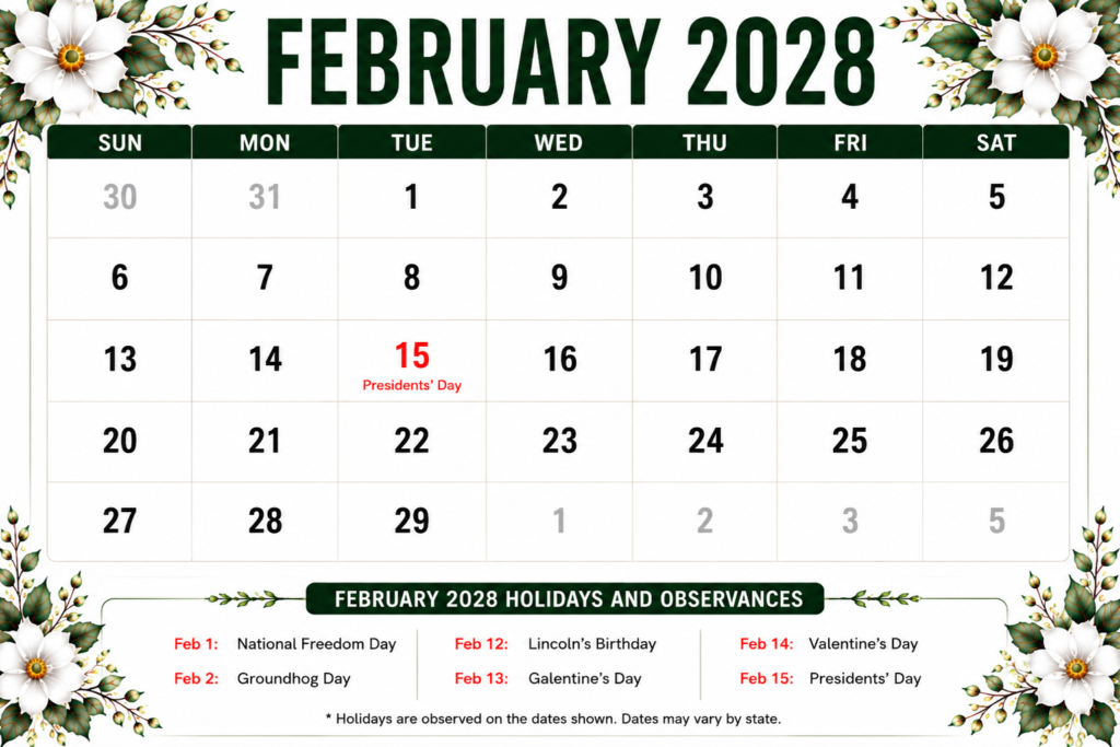 February 2028 Calendar with Holidays