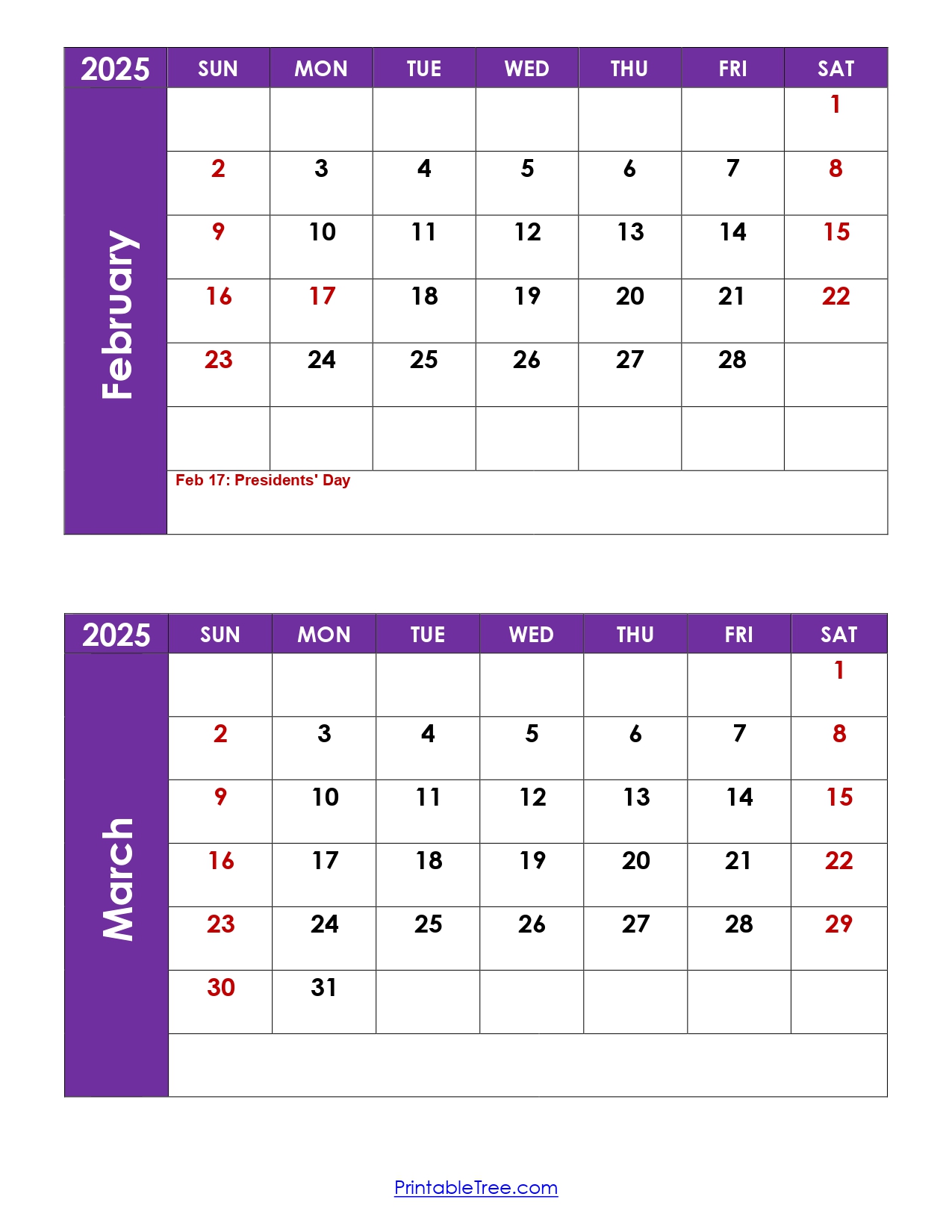 February and March 2025 Calendar Printable | Two Months Calendar