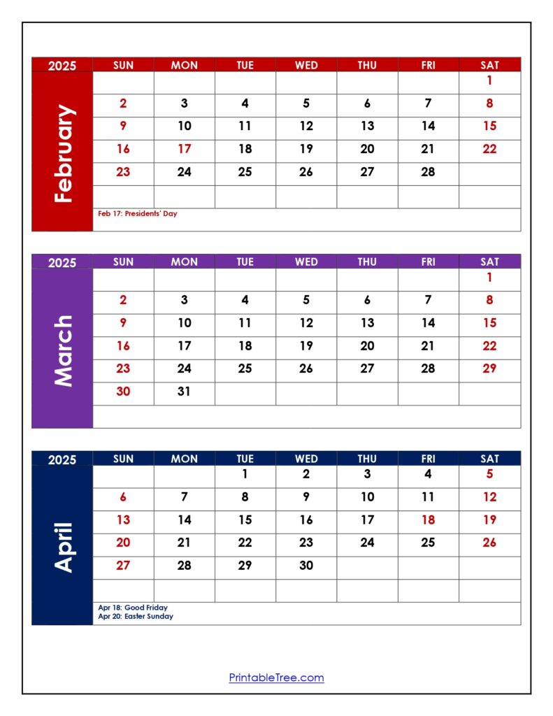 February to April 2025 Calendar with Holidays