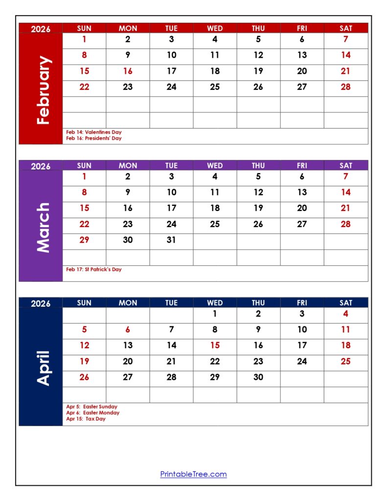 February to April 2026 Calendar with Holidays