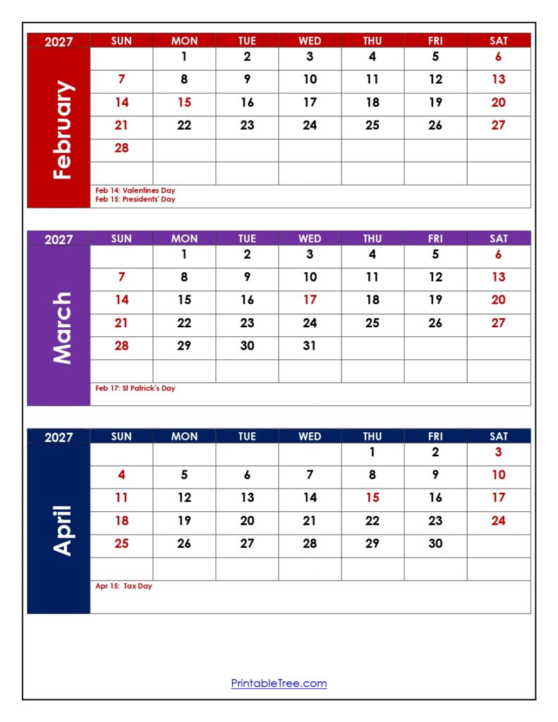 February to April 2027 Calendar with Holidays