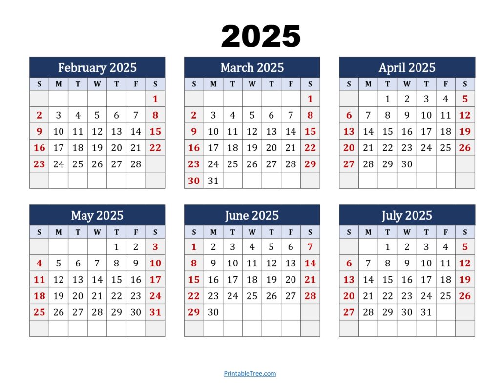 February to July 2025 Calendar