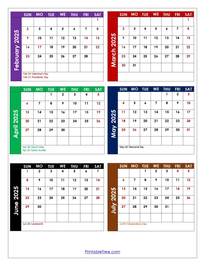 February to July 2025 Calendar with Holidays