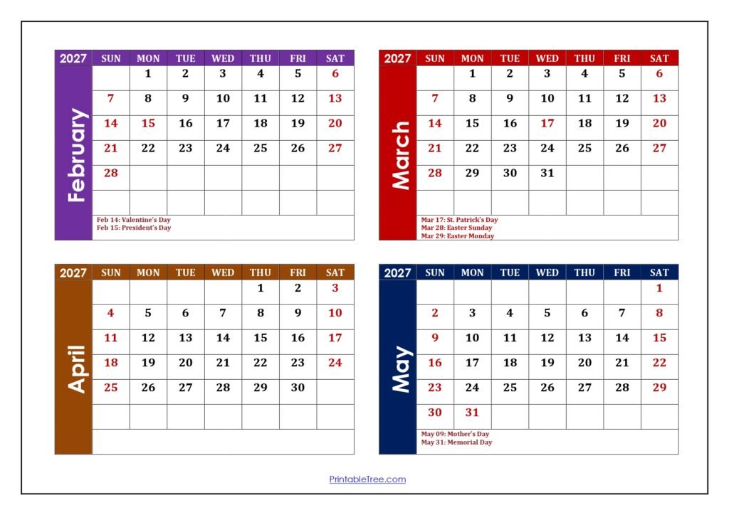February to May 2027 Calendar with Holidays