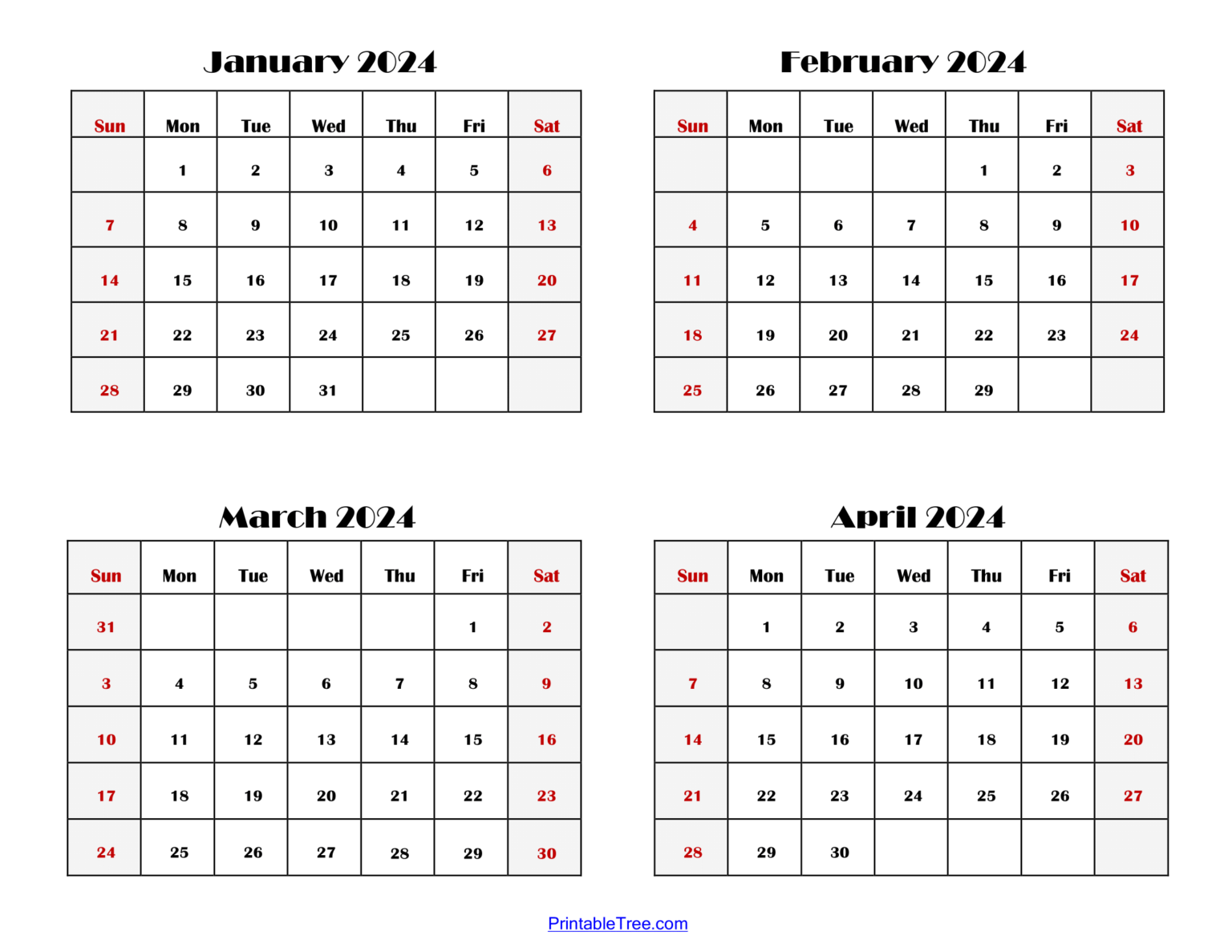 Four Month Calendars 2024 and 2025 Printable PDF- 4 months calendar one ...