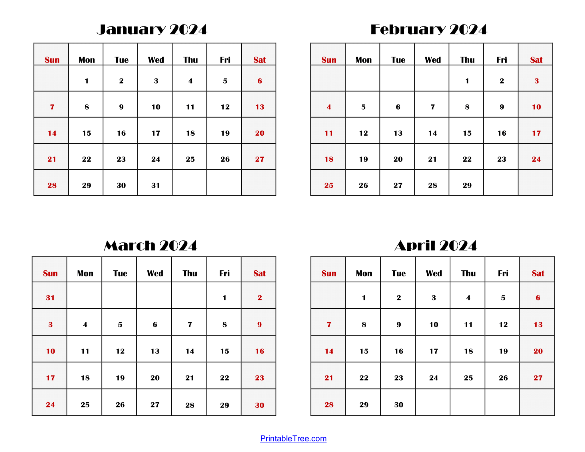 2024 Four Month Calendars Printable PDF 4 months calendar one page