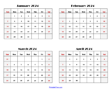 Four Months Calendar- January 2024 to April 2024