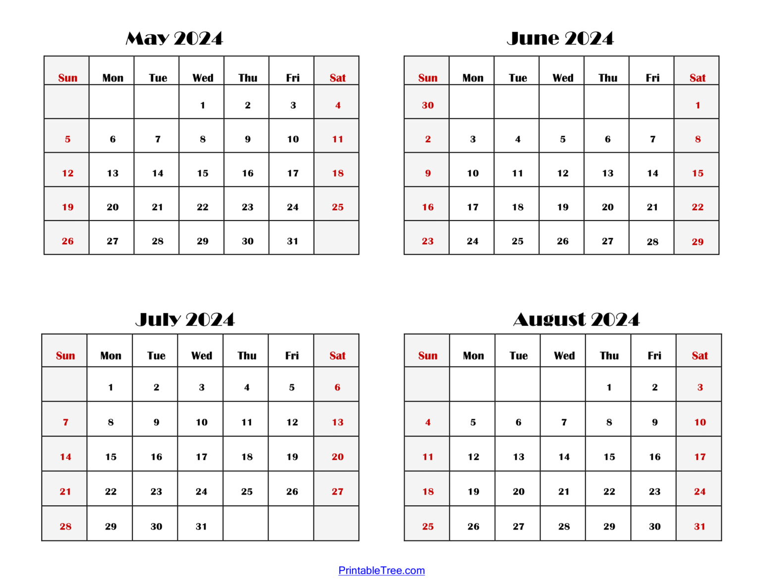 2024 Four Month Calendars Printable PDF 4 months calendar one page