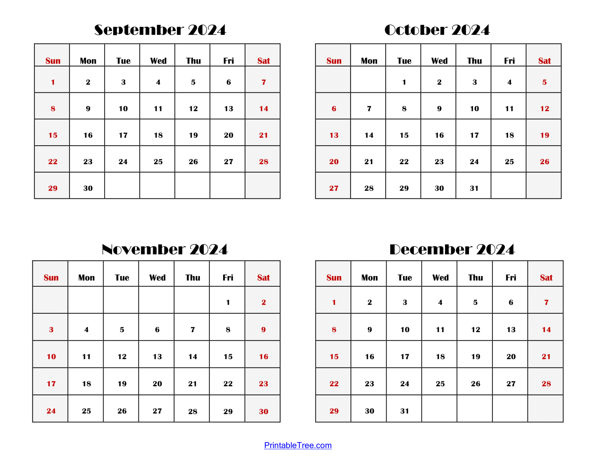 Four Month Calendars 2024 and 2025 Printable PDF 4 months calendar one