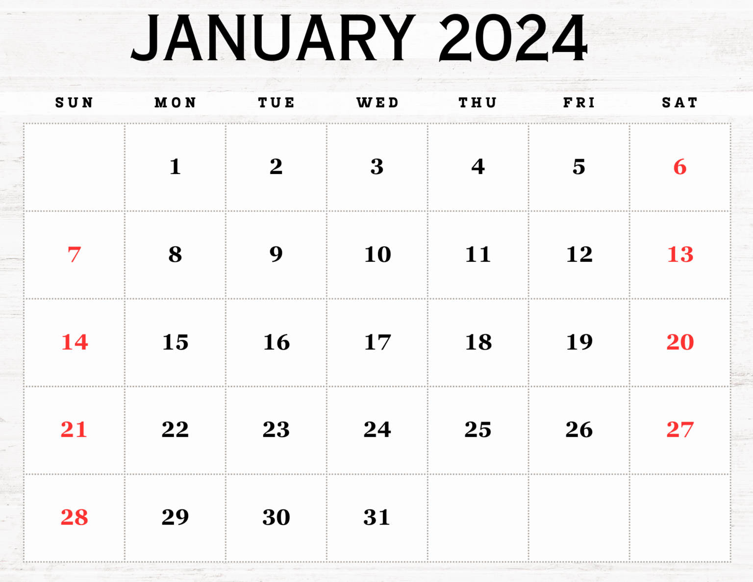 January 2024 Calendar Printable PDF Template with Holidays