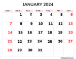 January 2024 Calendar Printable PDF Template with Holidays