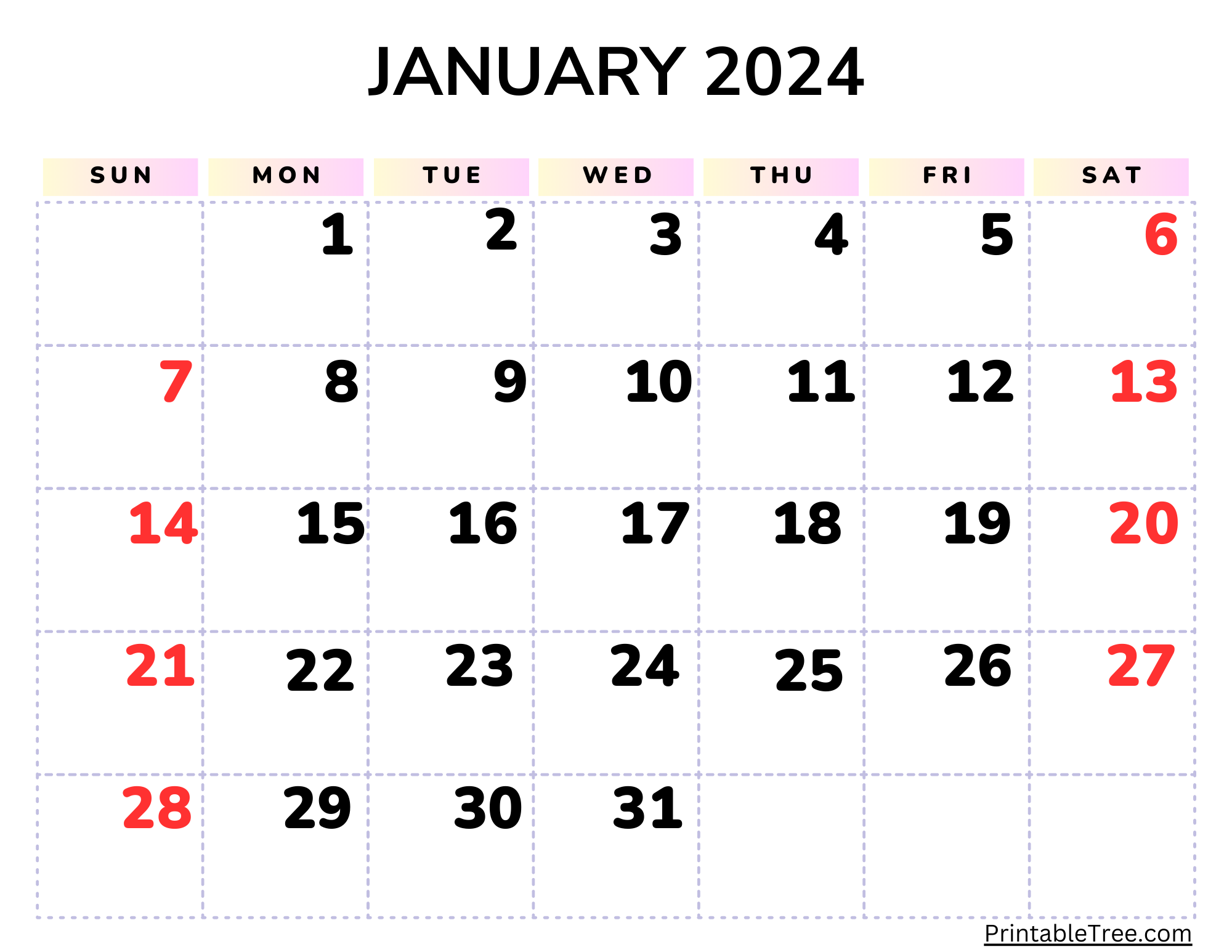 2024 January Calendar Big Numbers Pdf Fillable Dec 2024 Calendar With