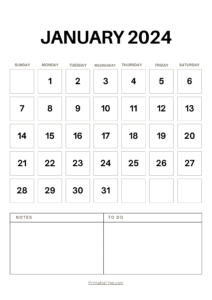 January 2024 Calendar Printable PDF Template with Holidays