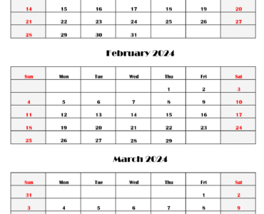 January 2024 to March 2024 - 3 Months Calendar