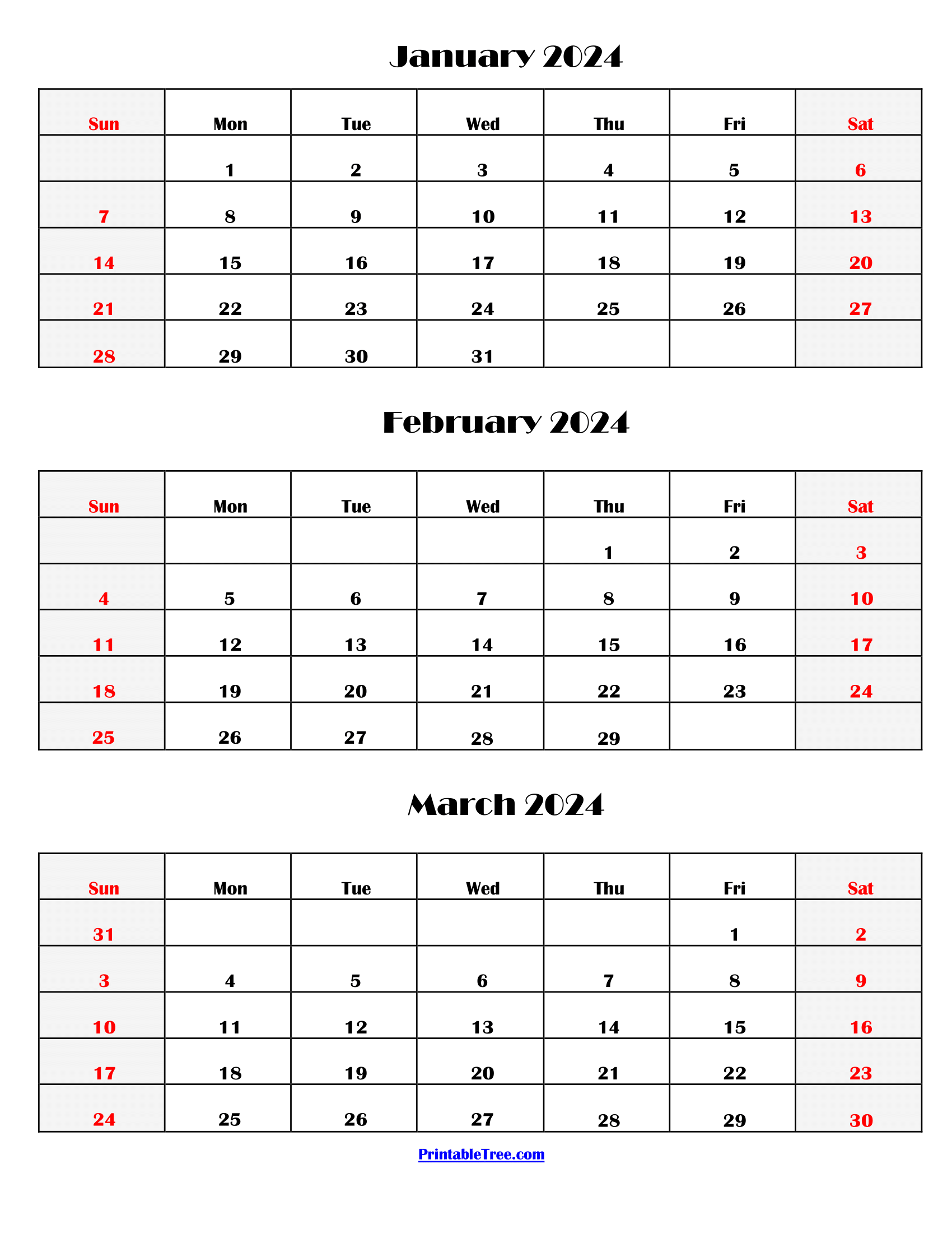 Three Months Calendar Printable PDF 2024