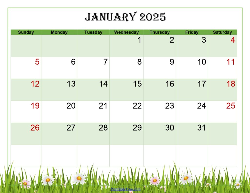 January 2025 Calendar Green Landscape