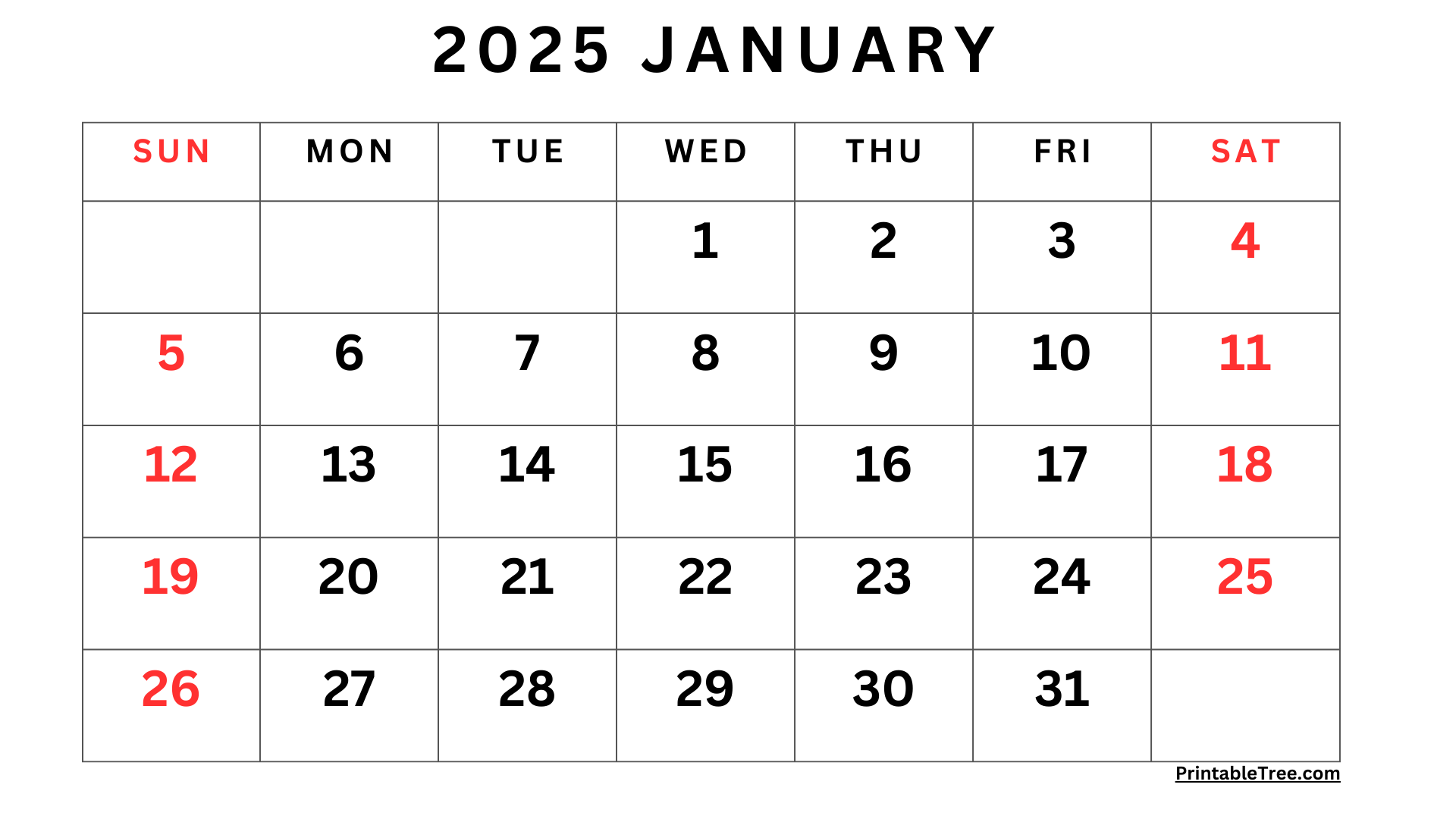 Calendar Template January 2025 Printable Pdf Download