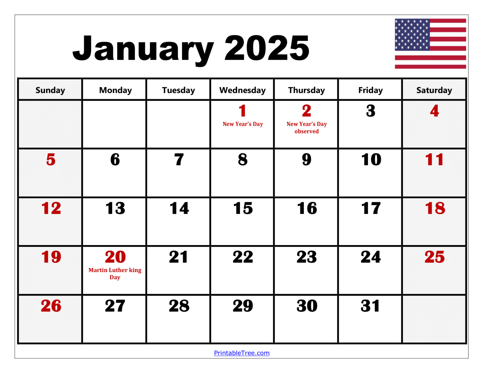 January 2025 Calendar Printable PDF Template with Holidays