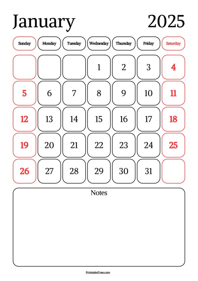 January 2025 Calendar Printable PDF Template with Holidays