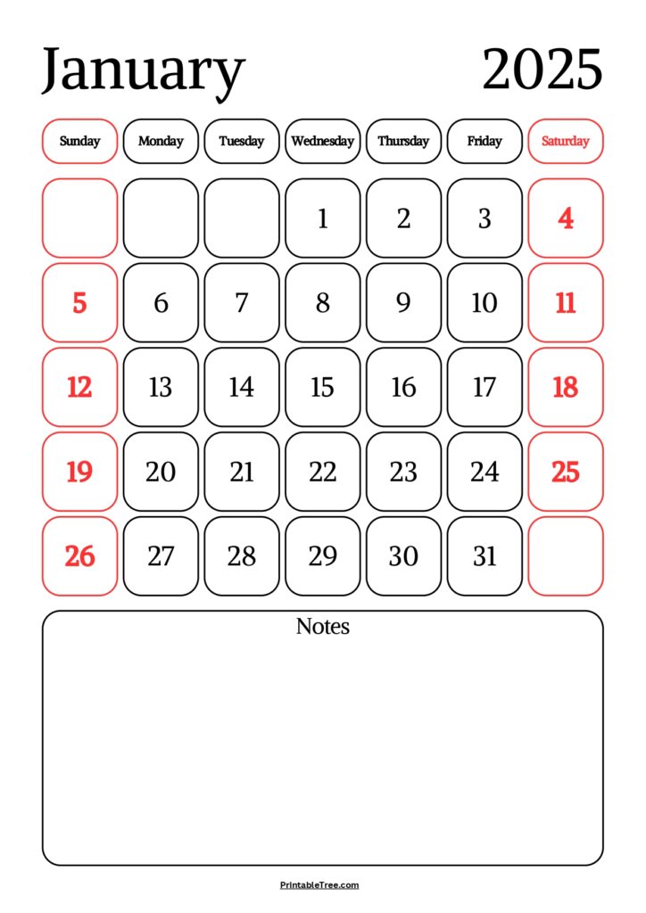 January 2025 Calendar with notes