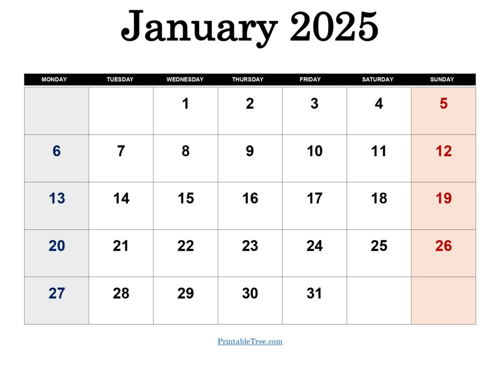 January 2025 Monday Start Calendar