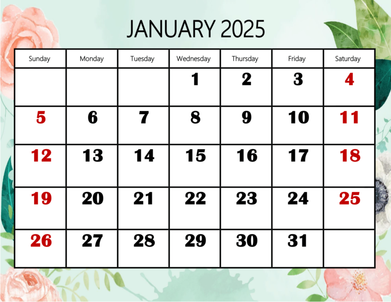 January 2025 Calendar Printable PDF Template with Holidays