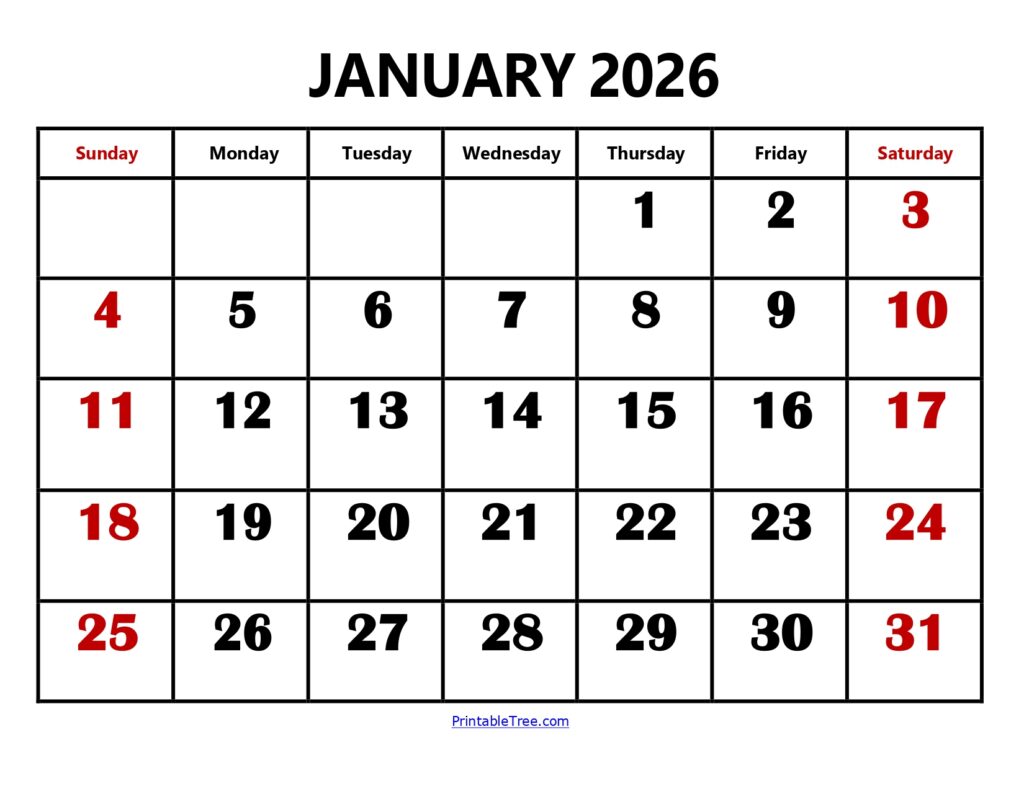 January 2026 Calendar Large Number