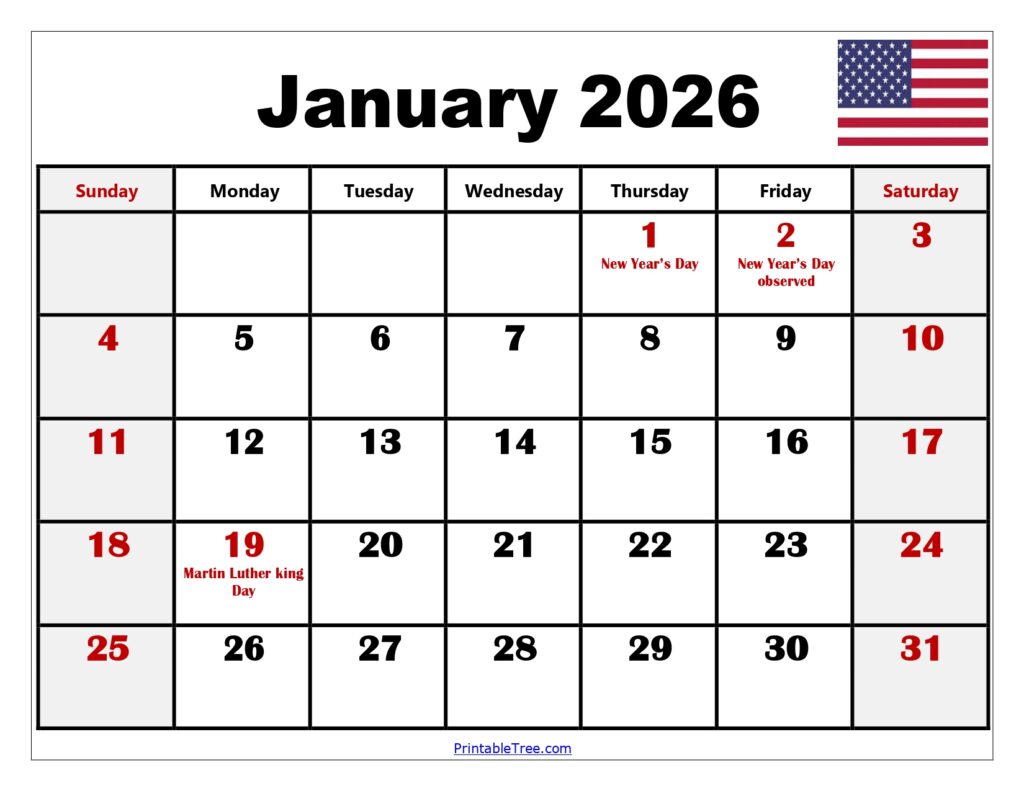 January 2026 Calendar with Holidays