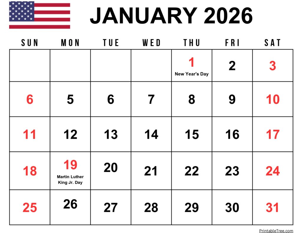 January 2026 Calendar with US Holidays