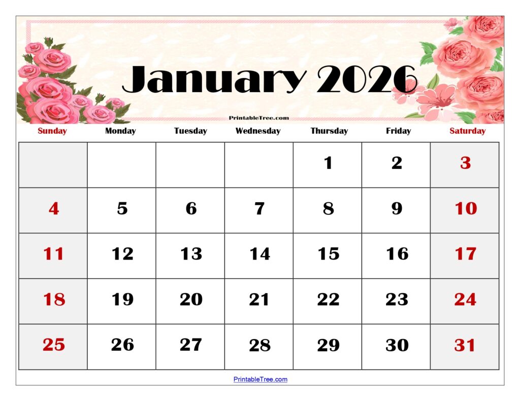 January 2026 Floral Calendar Printable