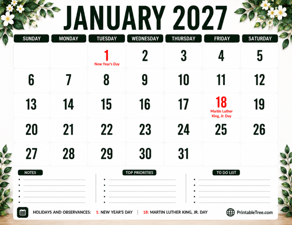 January 2027 Calendar Floral Style