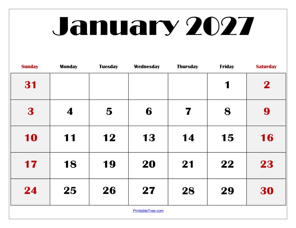 January 2027 Calendar Printable