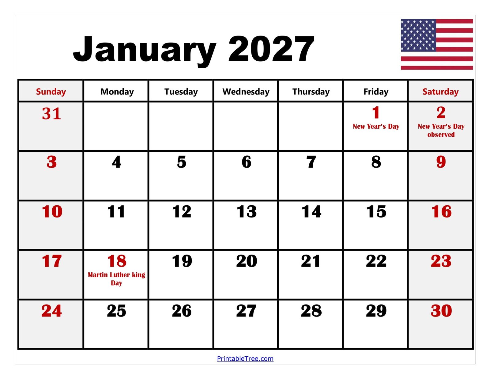 January 2027 Calendar Printable PDF Template With Holidays