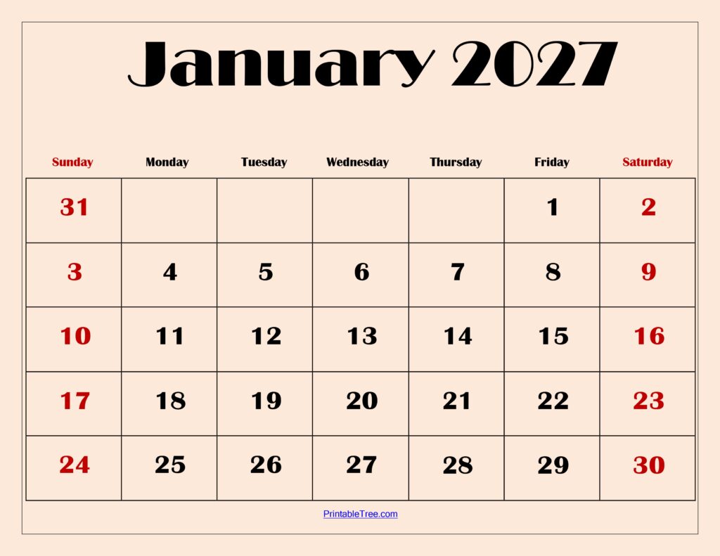 January 2027 Calendar with Light Pink