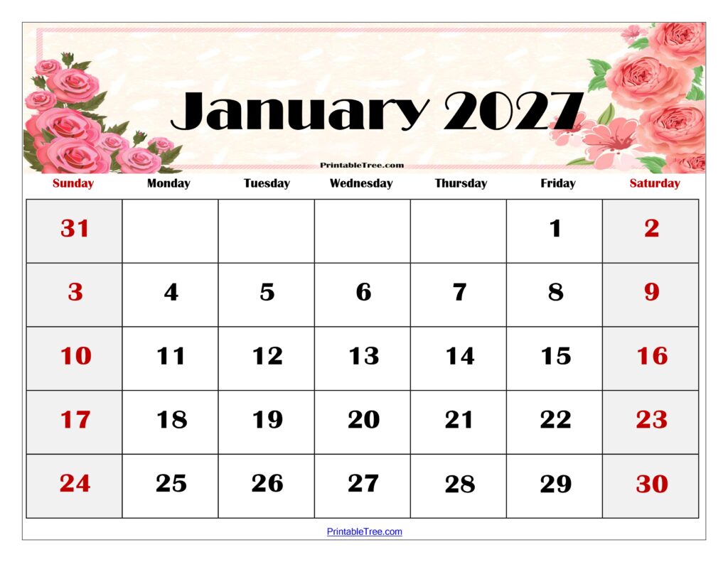 January 2027 Floral Calendar Printable