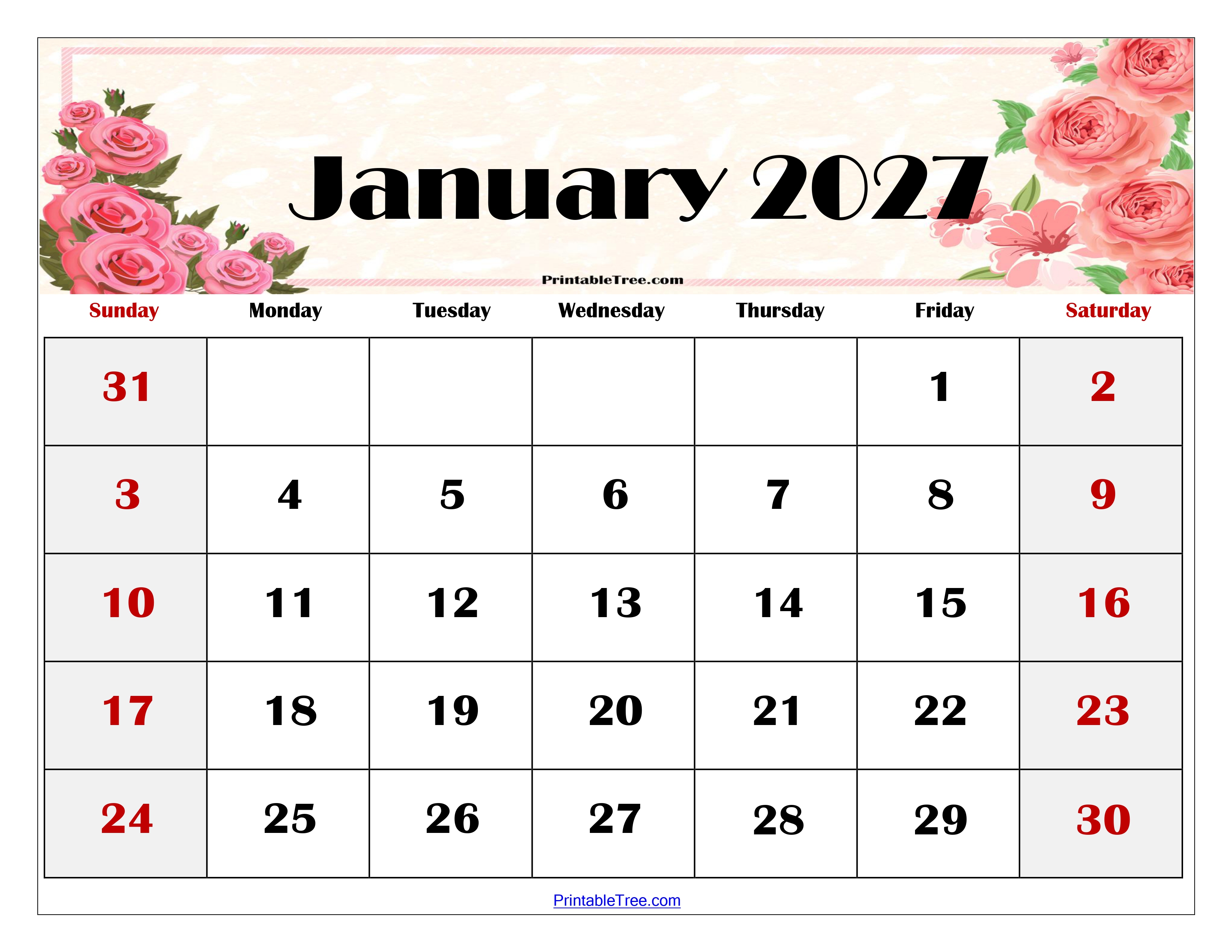 January 2027 Calendar Printable PDF Template With Holidays January 2027 Calendar Printable PDF Template With Holidays