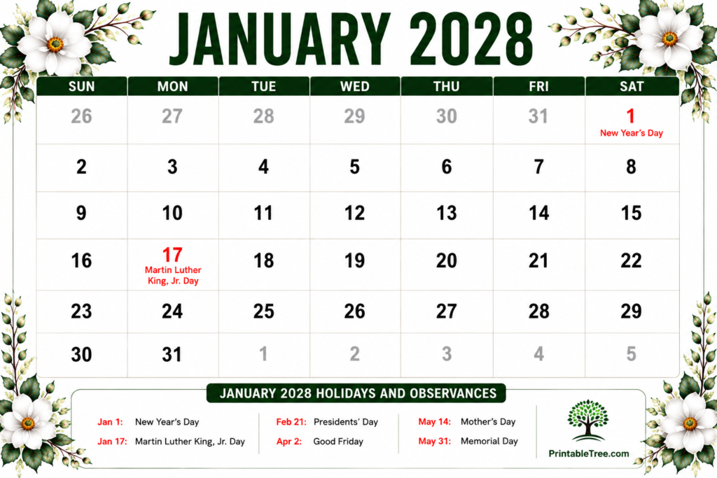 January 2028 Calendar with Holidays