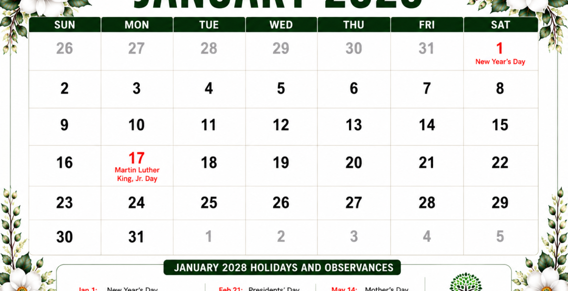 January 2028 Calendar with Holidays